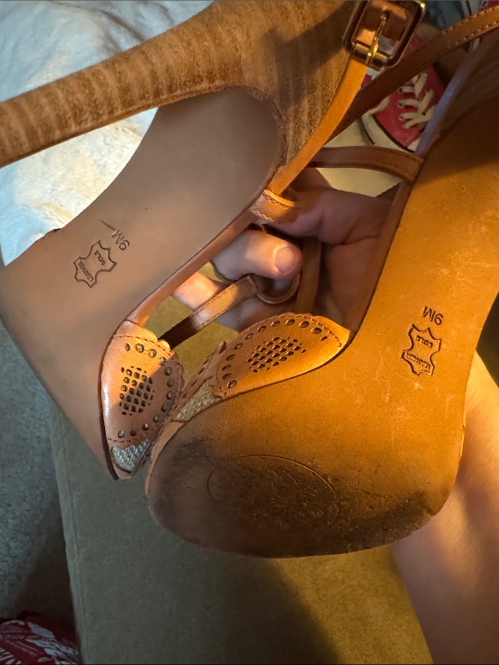 Tory Burch Tan Laser-Cut T-Strap Heels - Picture 4 of 6